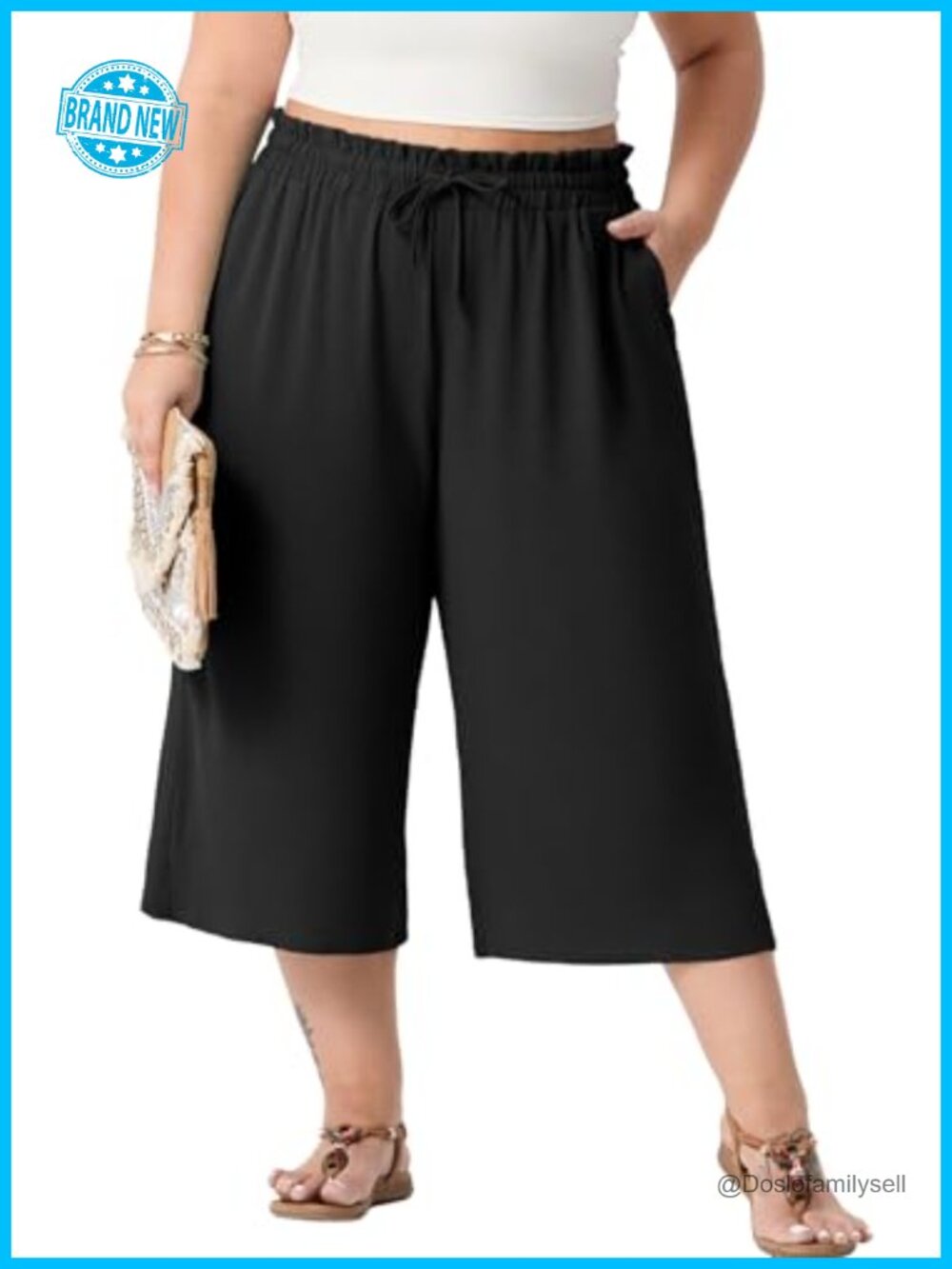 Plus Size Wide Leg Capris High Waist Drawstring Pockets Casual Trousers